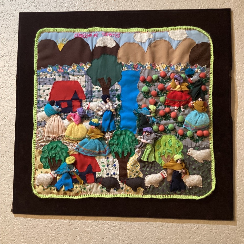 Handmade Tomato Harvest Peruvian‎ Arpillera Tapestry 3D Textile Folk Art Vintage
